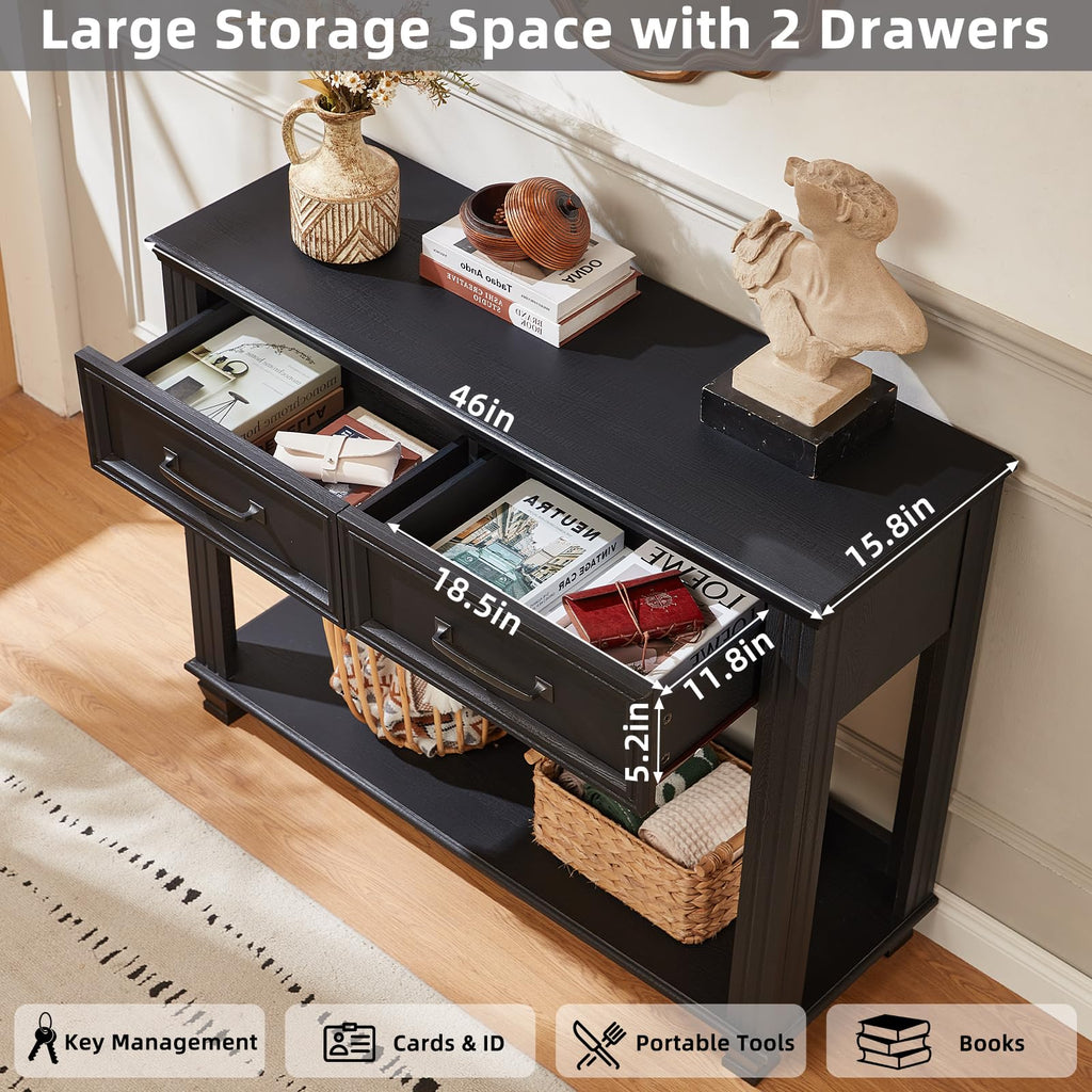 46" Farmhouse Console Table with Drawers, Black Entryway Table