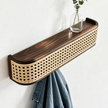 Solid North American Black Walnut Wall Coat Rack with Shelf | Modern wooden entryway wall mount coat rack with rattan