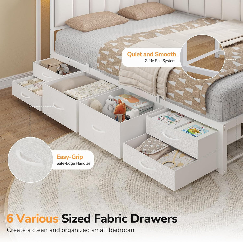 Twin Corner Bed Frame with 6 Storage Drawers and Upholstered Guardrail, Charging Station Twin Size Platform Bed Frame