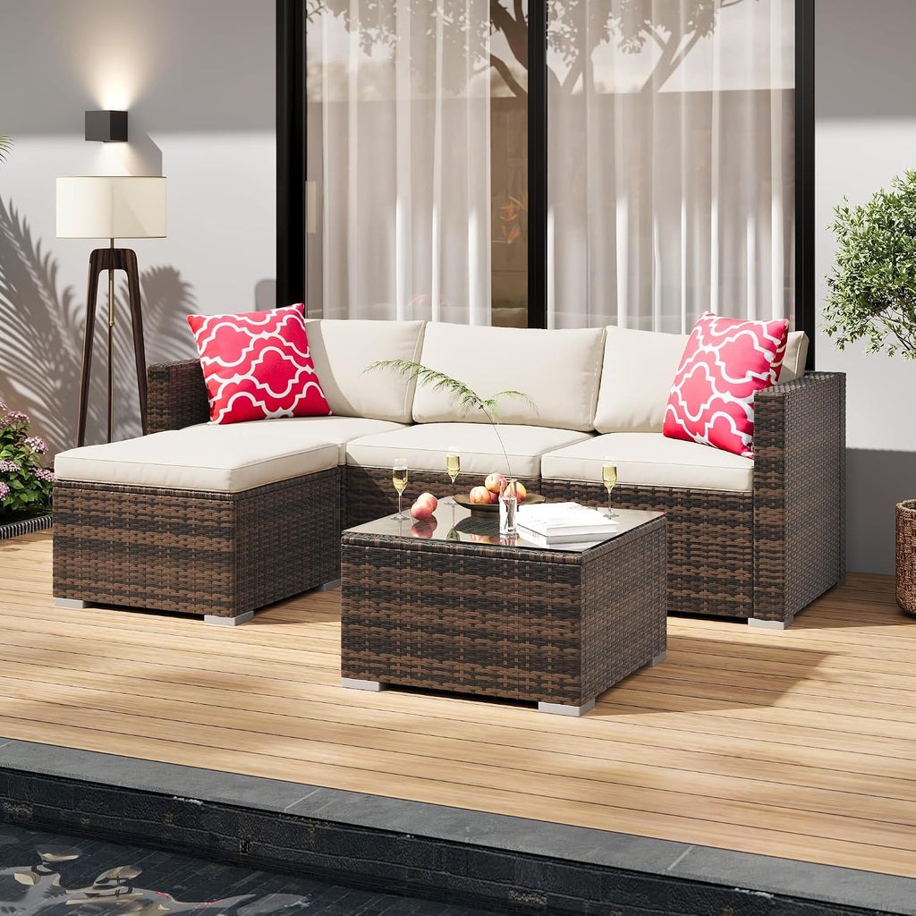 5-Piece Outdoor Patio Sectional Sofa Set - Brown/Beige | PE Rattan L-Shaped All-Weather Conversation Furniture Set