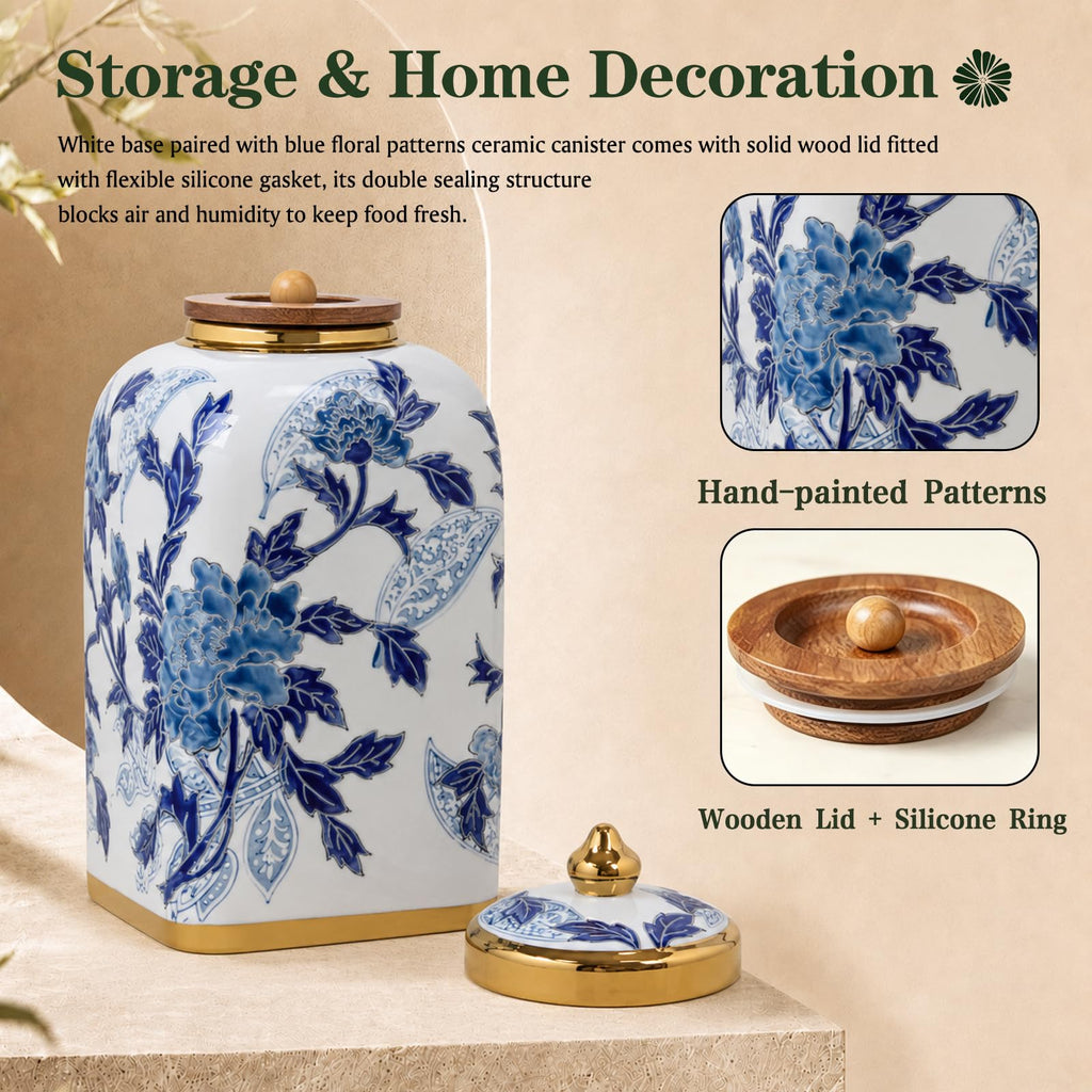 12.5" H Ceramic Kitchen Canisters for Countertop, Tea & Coffee Bean Storage Canister with Airtight Lid, Blue and