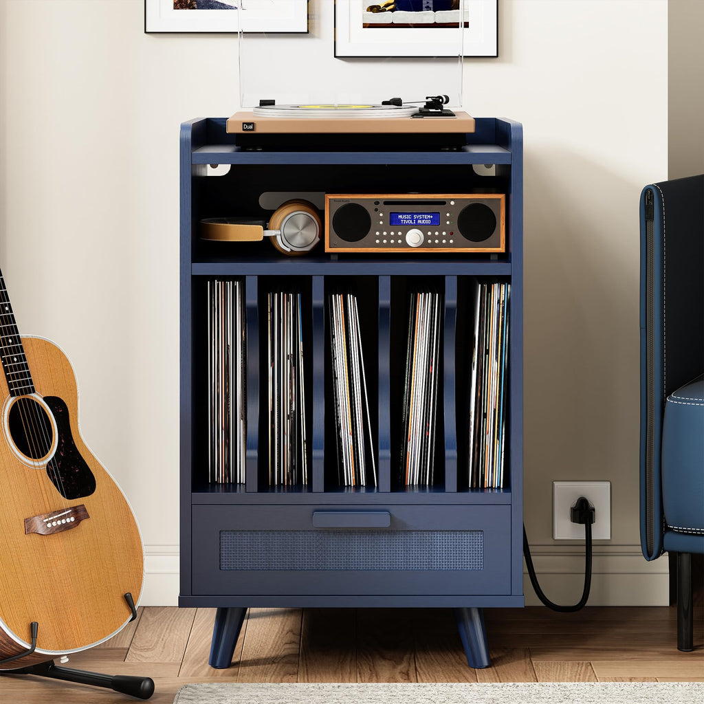 Record Player Stand with Power Outlets, Vinyl Storage Cabinet, Blue