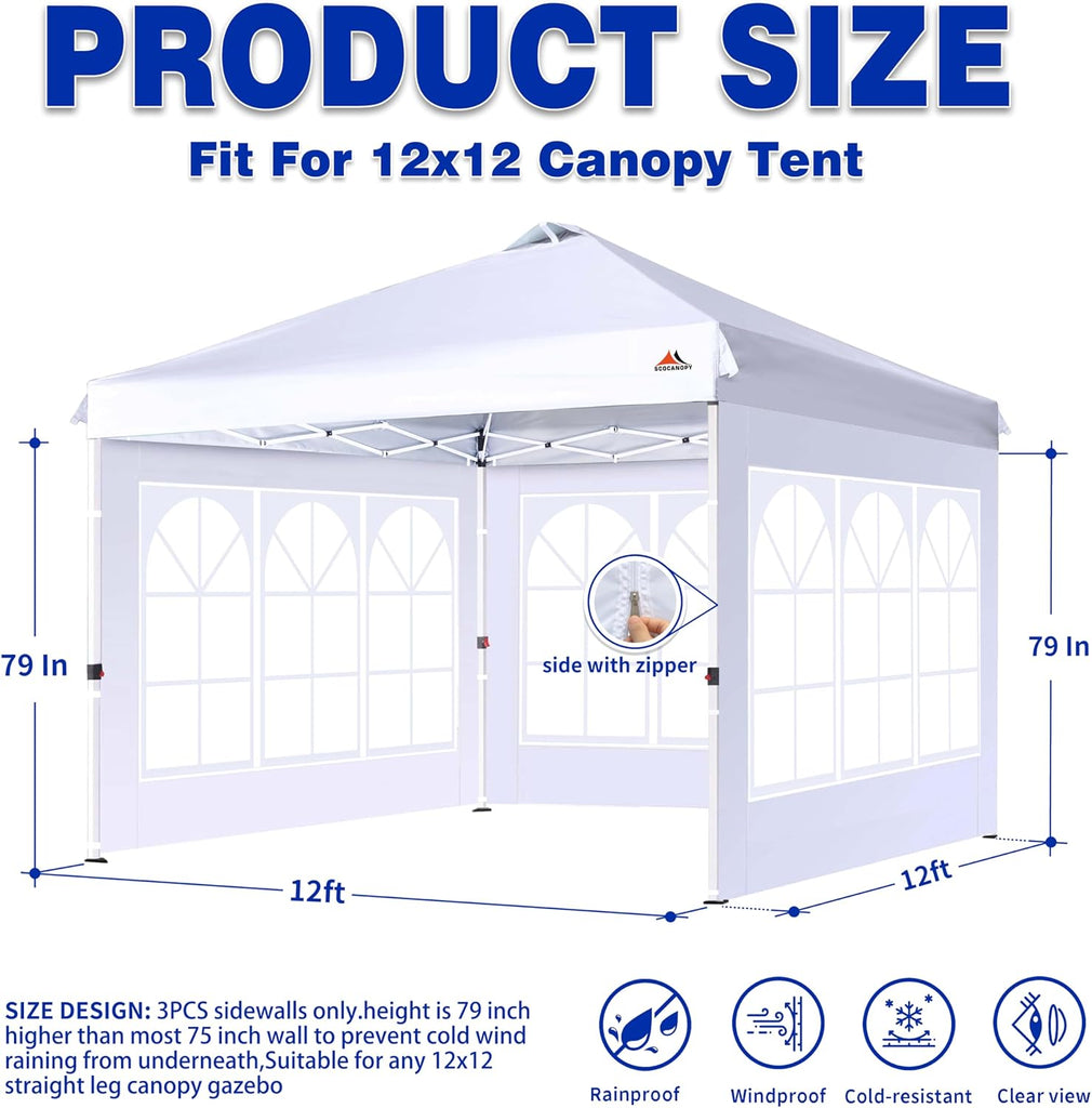Church Window Sidewall for 12x12 Canopy Frame, 3 Pack Sunwalls Only,(Dark Gray)