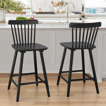 Upgraded Windsor Wooden Black Bar Stools Set of 2, 24 Inch Counter Height Barstools with Spindle Back/Bigger Seat