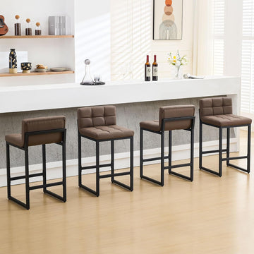 Counter Height Bar Stools Set of 4, Upholstered Barstools with Back, Bar Chairs with Thickened Metal Legs, PU Leather