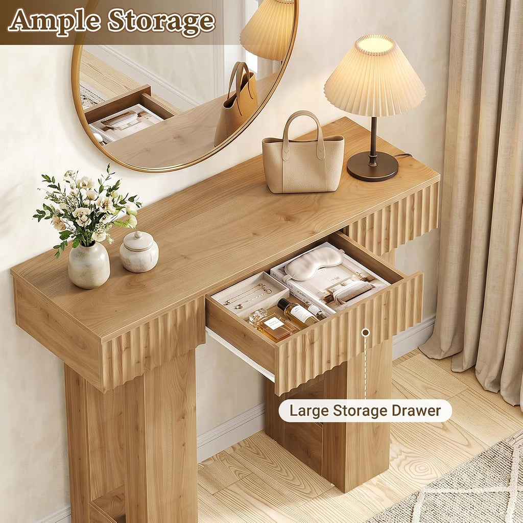 39" Console Table with Drawer and Outlets W/USB-C, Modern Fluted Entryway Table with Storage, Sofa Table Behind The