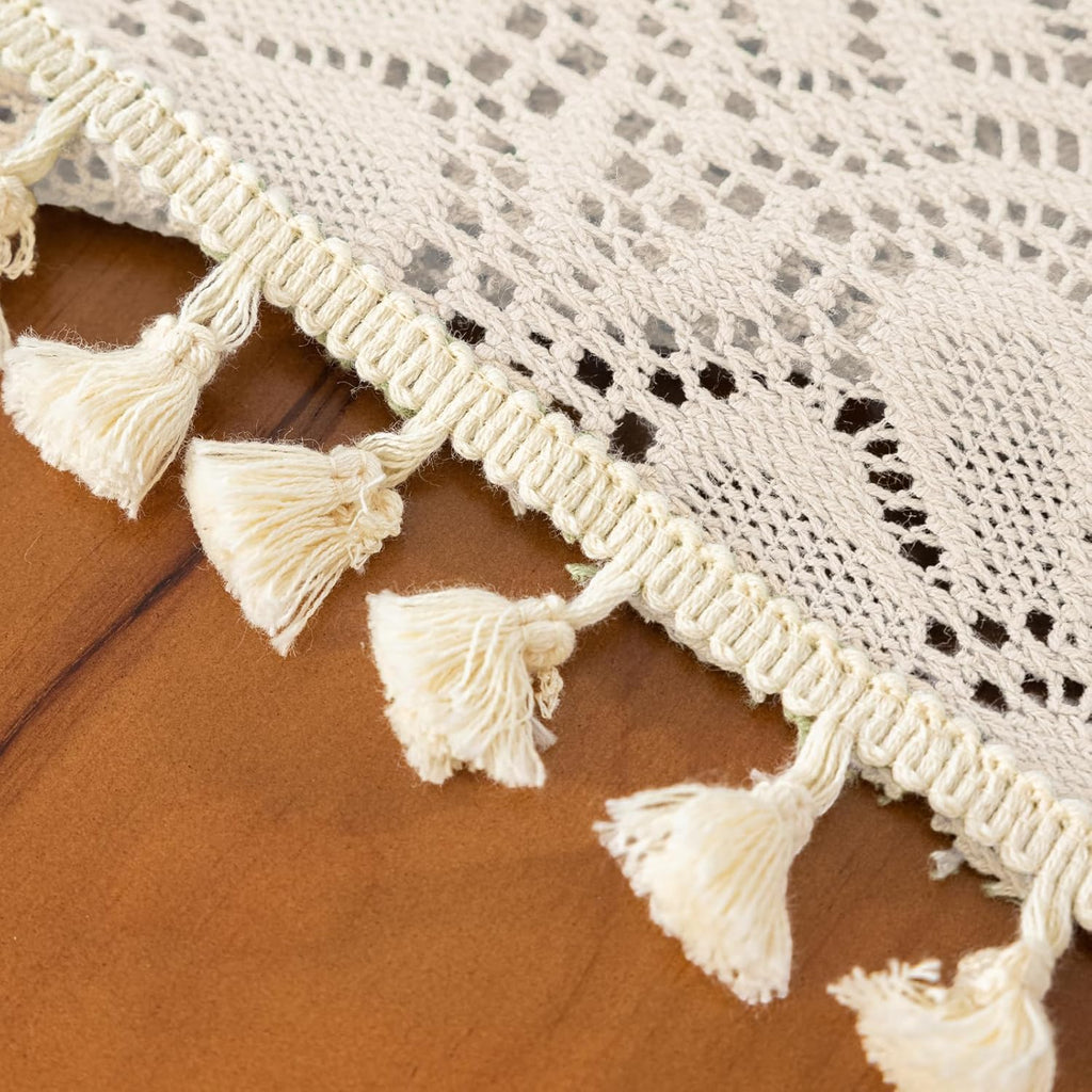 Boho Crochet Tablecloth Rectangle 60 x 84 Inch Beige Farmhouse Handmade Embroidered Cotton Lace Tabl