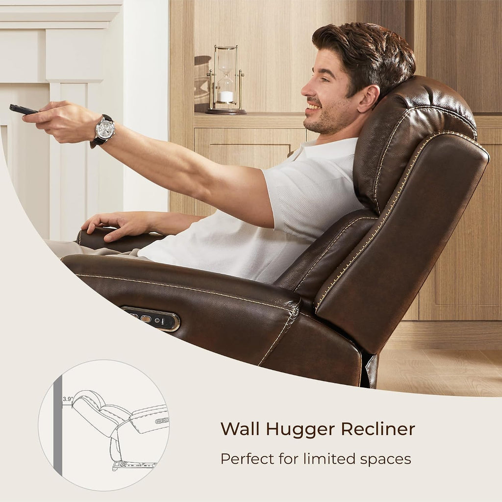 Genuine Leather Power Recliner Chair for Adults, Electric Wall Hugger Recliner with Adjustable Power Headrest &