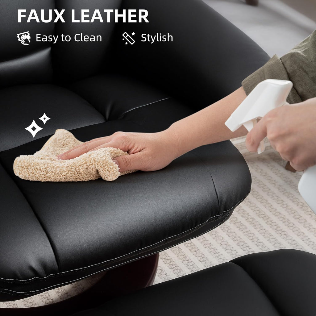 Modern Reclining Swivel Lounge Chair and Ottoman — Black PU Leather