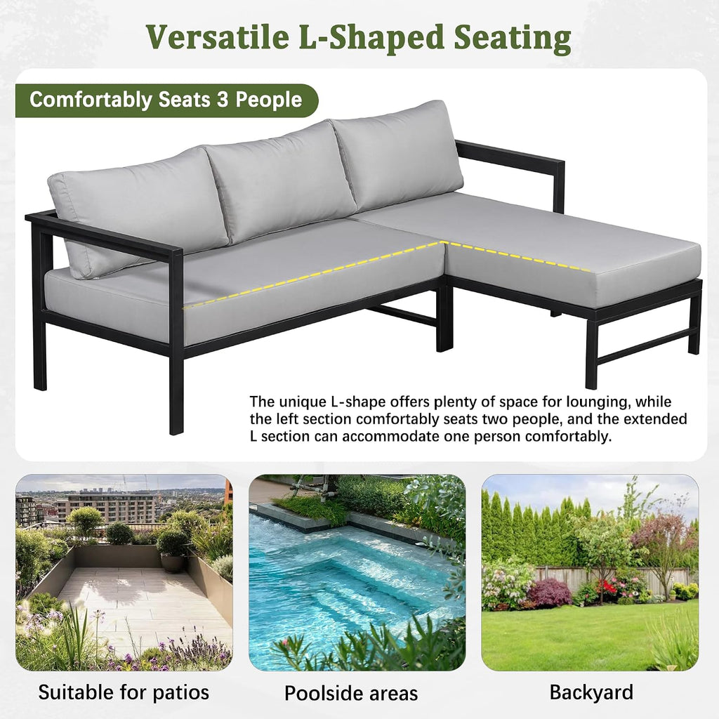 Outdoor L-Shaped Sectional Sofa with 5.9'' Ultra-Thick Cushions, All Weather Patio Conversation Set with Iron Frame