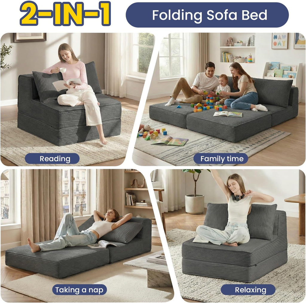 Oversized Folding Sofa Bed,Convertible Sleeper Chair Couch Bed with Pillow,Corduroy Floor Foldable Futon Bed,Comfy