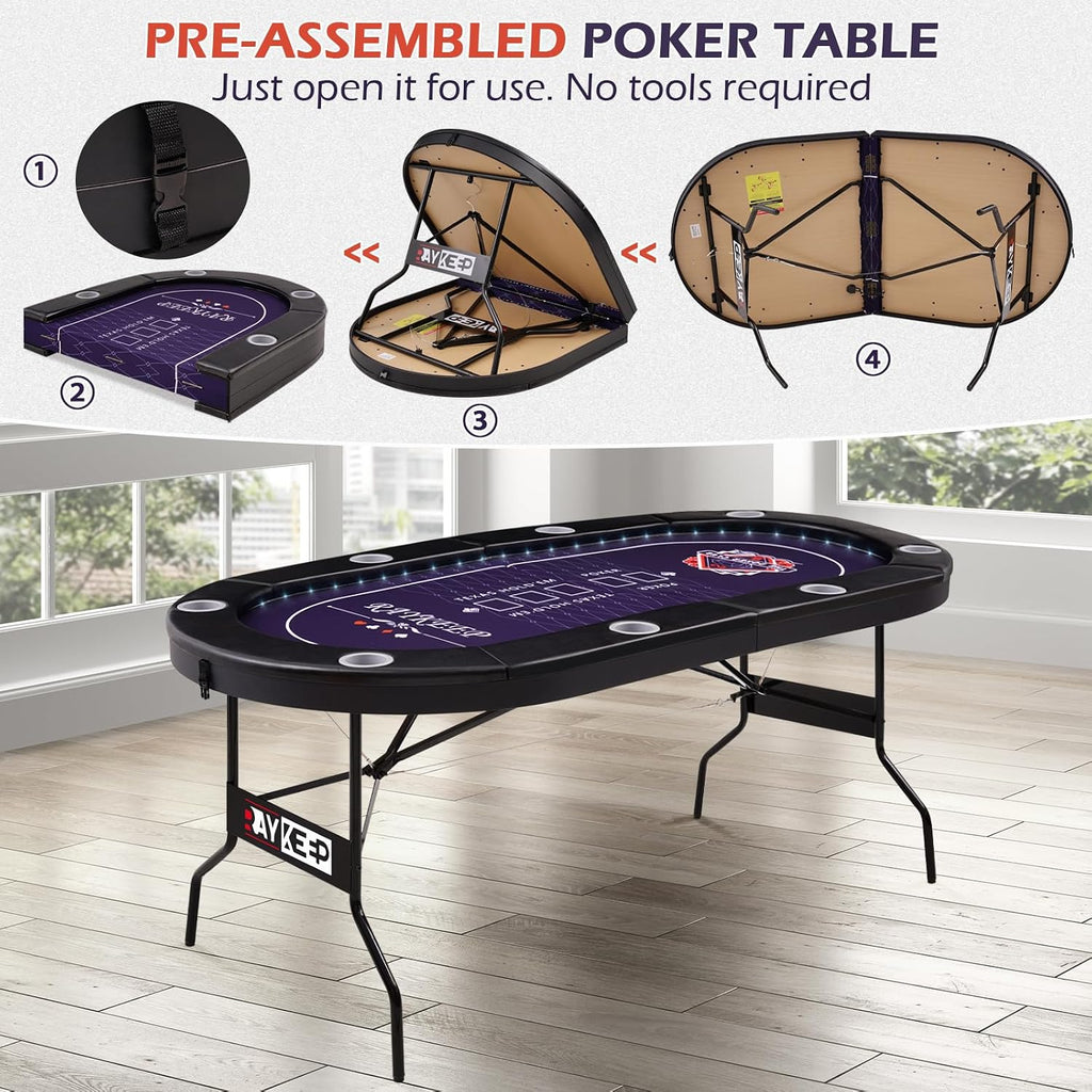 71" LED Poker Table - 8 Player Foldable Texas Hold'em Table with Built-in LED Lights, Padded Rails & 8 Cup Holders