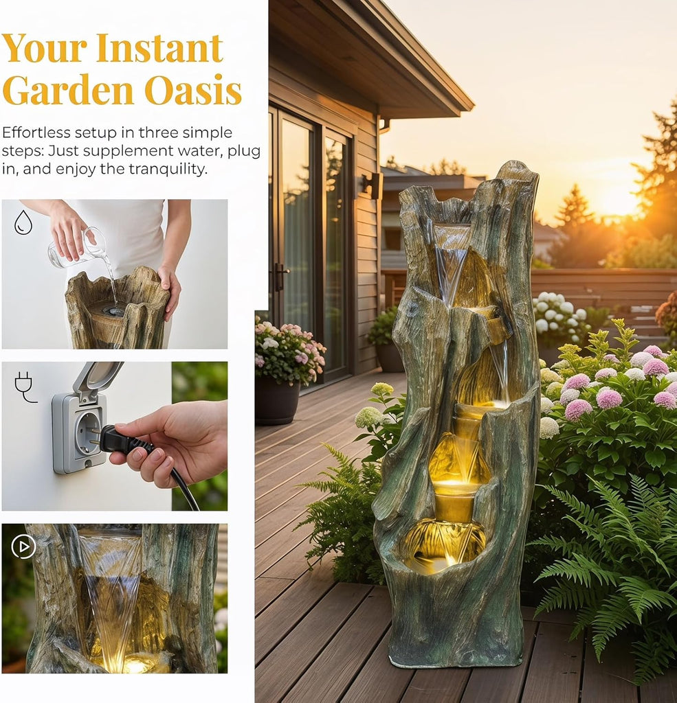 Outdoor Waterfall Fountain 39.4in Tall, Tree Design Garden Fountain with LED Lights