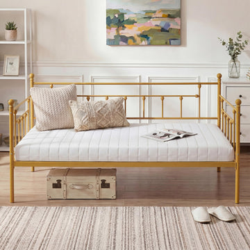 Twin Size Daybed Frame Metal Steel Slat Support with Headboard Sofa Bed Platform, Guest Room, Easy Assembly, Gold