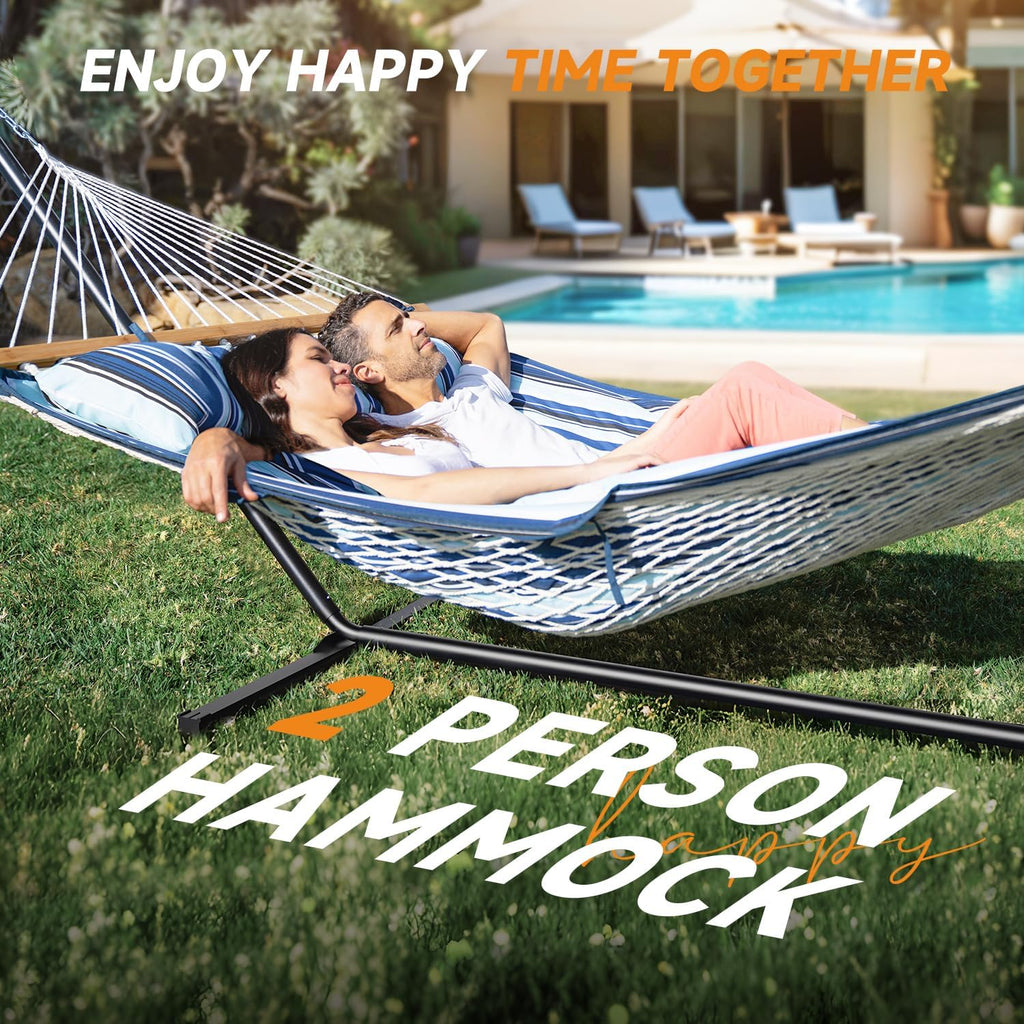 2 Person Hammock with Stand, Heavy Duty Double Cotton Rope Hammock with Removable Quilted Pad & Pillow, 500 LBS