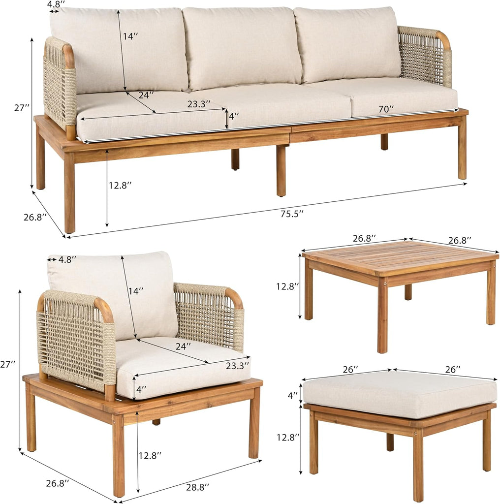 Outdoor 5-Piece Acacia Wood & Rope Patio Sofa Set with Ottoman & Table, Water-Repellent Cushions, for Garden & Patio