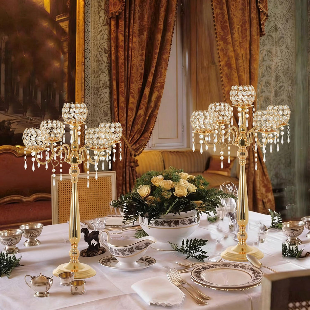 4 Packs 5 Arms Crystal Candelabra, Gold Floor Candle Holder Set with Chandelier Crystal Beaded Anniversary Dinner