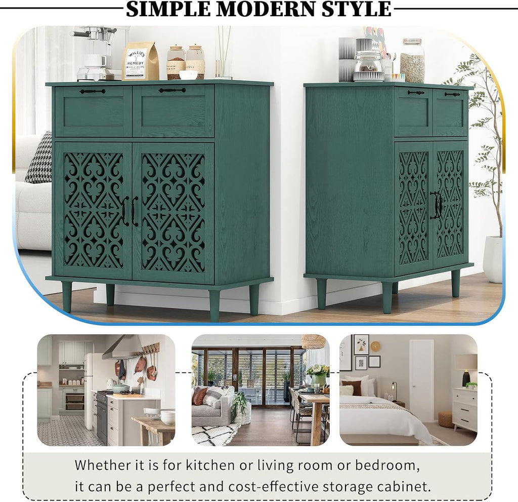 Kitchen Storage Cabinet with Drawers - Accent Cabinet with Carved Door, Floor Sideboard Buffet with Storage, Small
