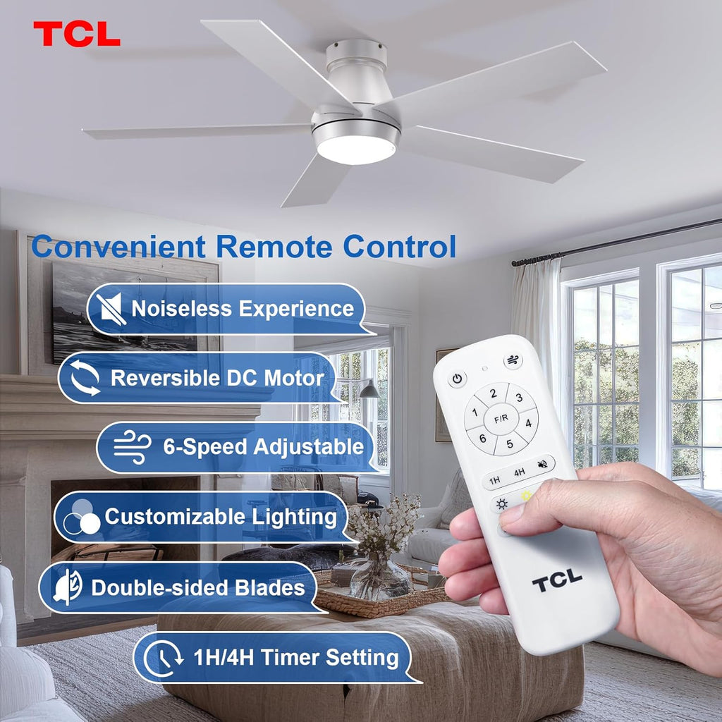 52" Ceiling Fan with Lights, Silver Flush Mount, 5 Blade Low Profile, 6 Speeds DC Reversible, Dimmable, Modern for Bedroom, Living Room and Garage