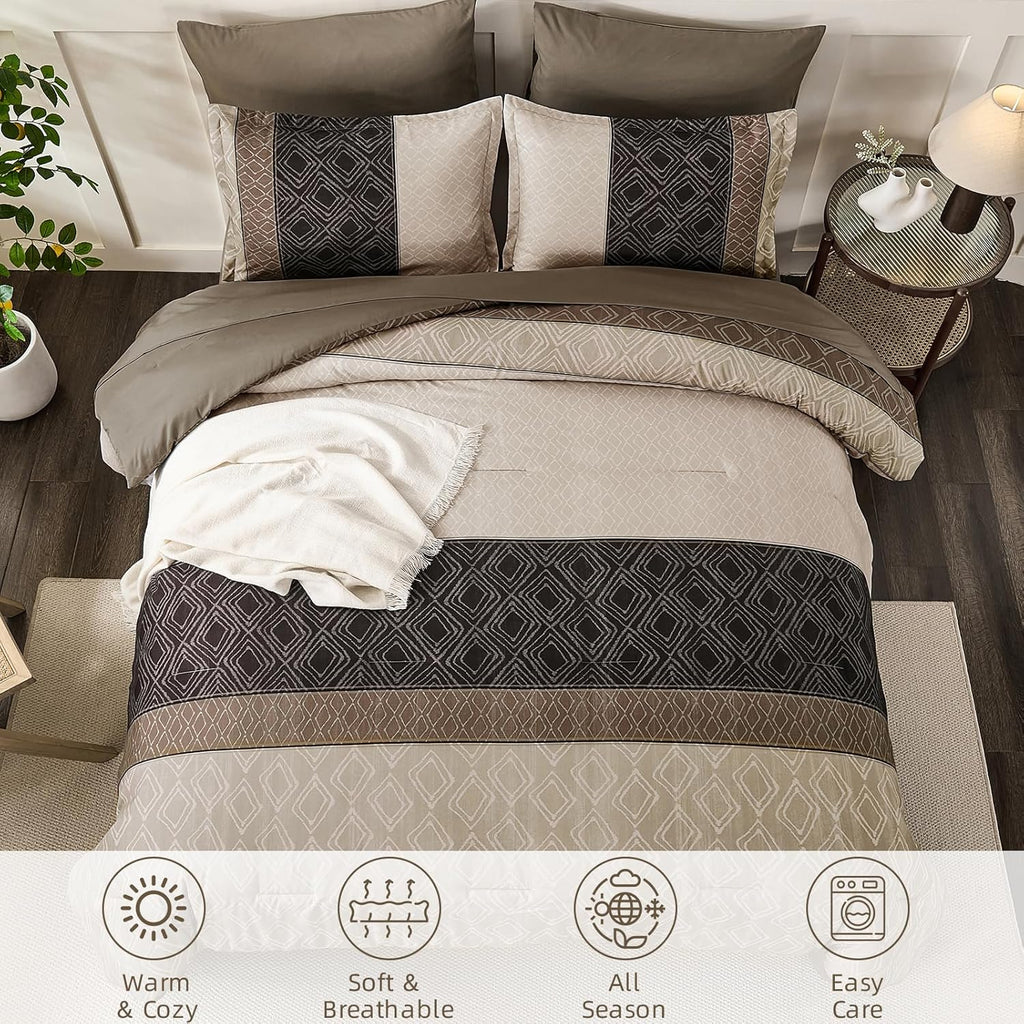 Boho Comforter Set Light Brown,7 Piece Bed in a Bag Warm Striped Bedding Sets with Plaid Fall