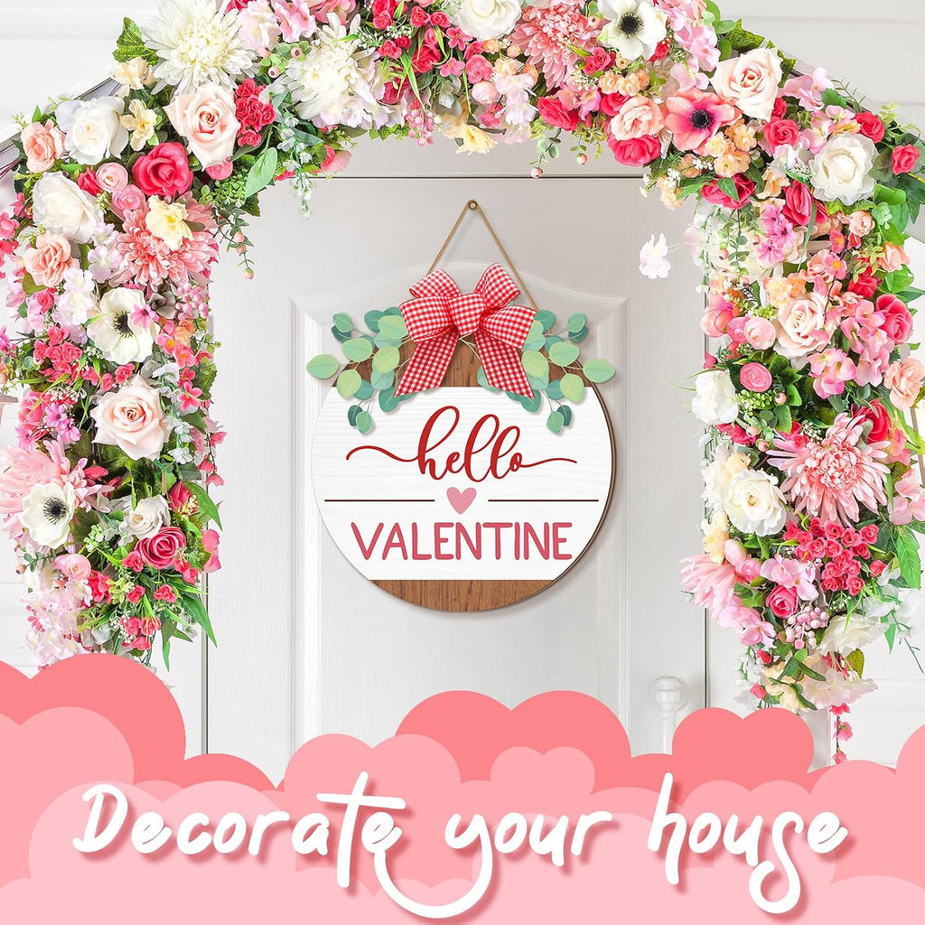 Hello Valentine's Day Sign for Front Door 12 Inches Wood Red Pink Round with Bow Valentine's Day Door Wreath Hanger