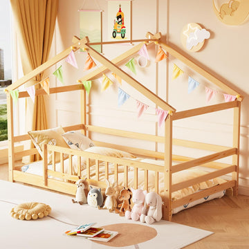 Tw Bed, Montessori Floor Bed with Fence and Roof, Solid Wood Low Bed Frame with Headboard & Footboard for Boys &