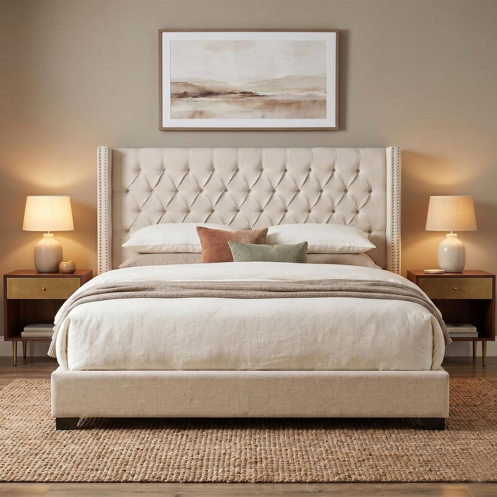 Upholstered Headboard | Nail Head Trim Wingback Button Tufted | Queen, Cream