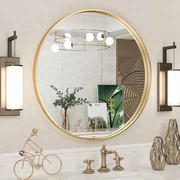 Brushed Gold Round Mirror 24 Inch Gold Round Vanity Bathroom Mirror for Wall Aluminum Alloy Matte Metal Frame Modern