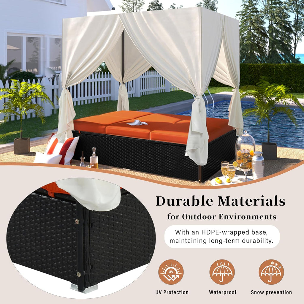Patio Chaise Lounge, PE Rattan Outdoor Patio Wicker Sunbed Daybed with Adjustable Seats, Four-sided Canopy, Overhead
