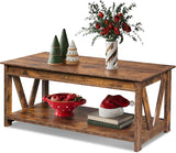 Coffee Table, 43" Farmhouse Coffee Table with Storage Shelf & Sturdy V-Shaped Support, Wood Center Table and Balco...