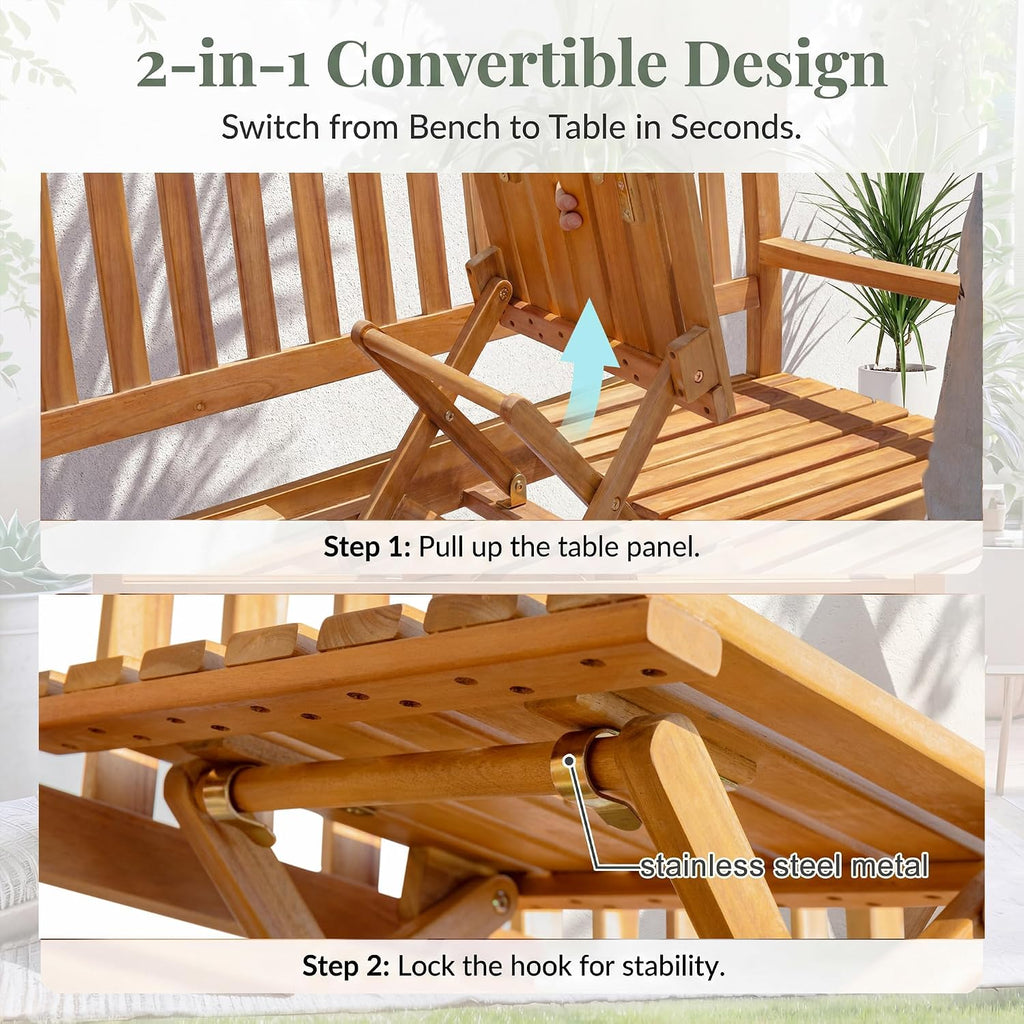 Acacia Wood Outdoor Bench, 2-Person Garden Bench with Pull-Out Table | Sturdy Patio Bench Porch Bench, Wooden Bench
