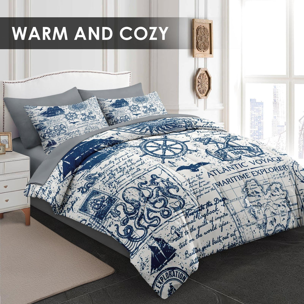 Queen Comforter Set with Sheets, 7 Pieces Nautical Anchor Bedding