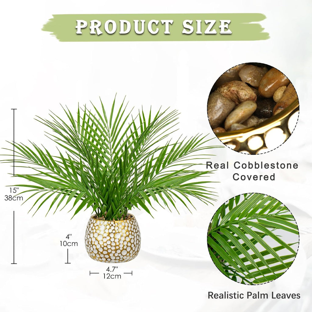Fake Plants 15'' Faux Palm Plant in Gold-White Pot | Realistic Tropical Artificial Plants Indoor Farmhouse Mini Palm