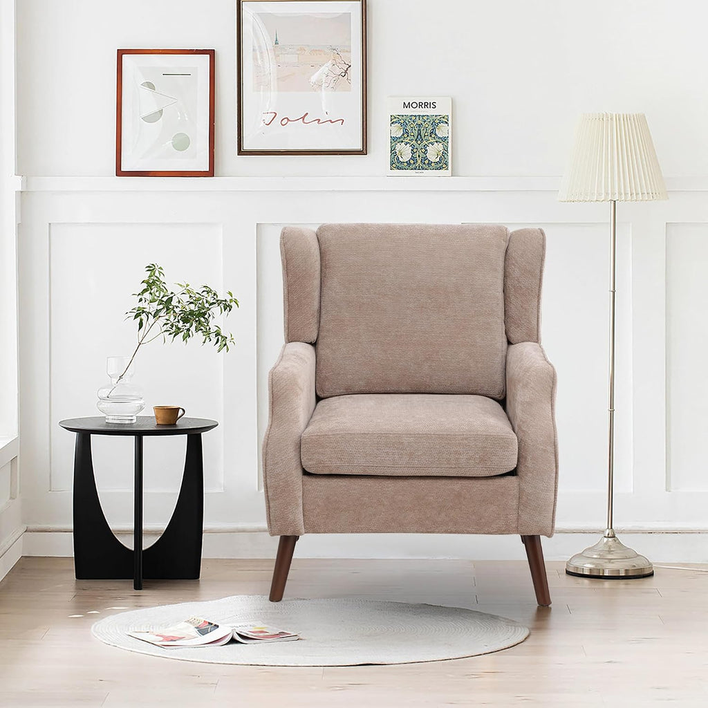 Accent Chair ,Mid Century Modern Wingback Chair ,Upholstered Armchair with Lounge Seat and Wood Legs Apartment Small