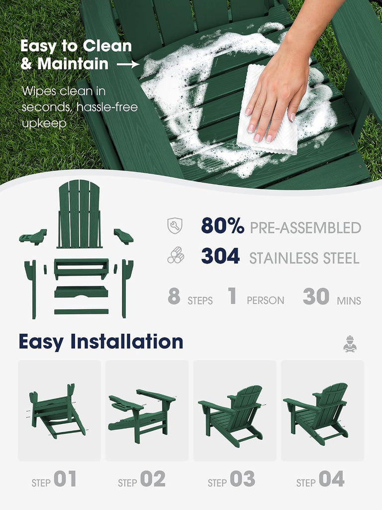 Adirondack Chair with Footrest & 4-in-1 Cup Holder, Green | HDPE Adjustable Folding Adirondack Chair with Pull-Out