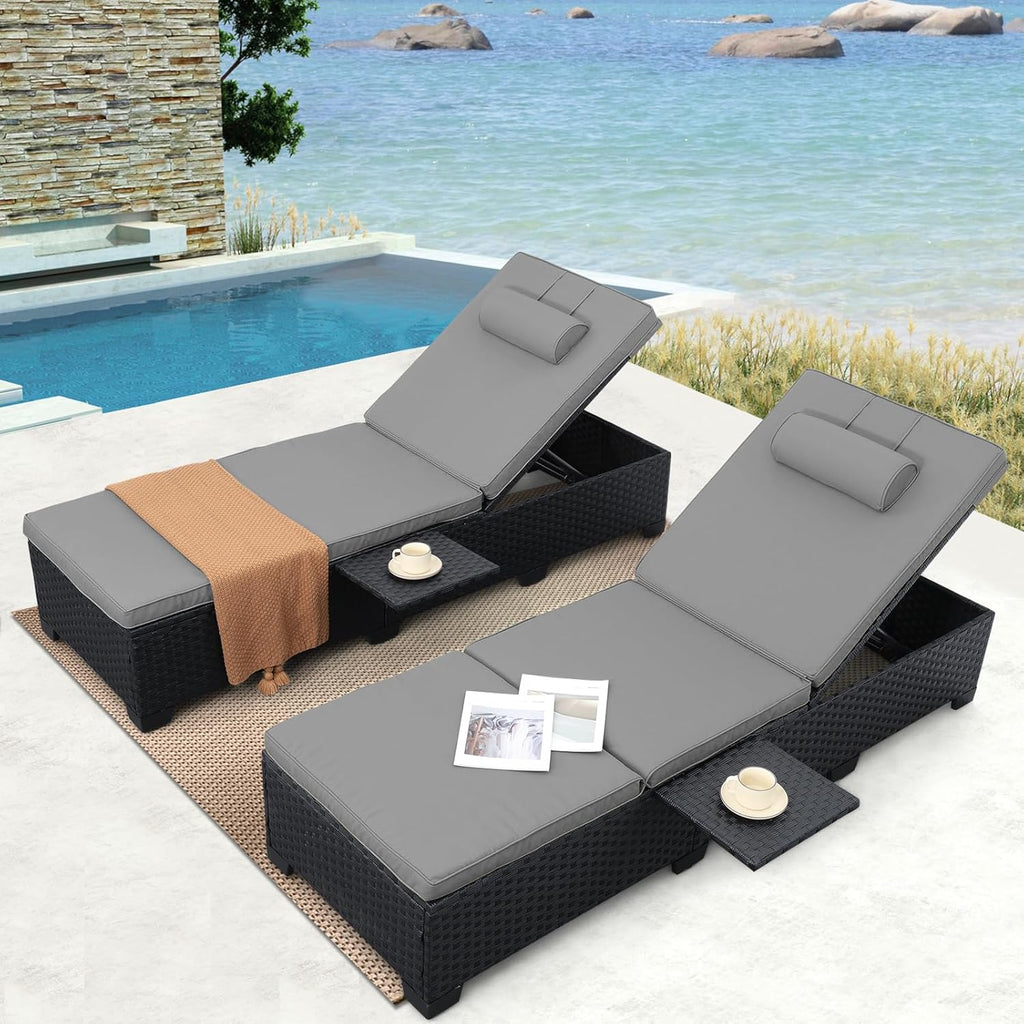 Outdoor Chaise Lounge Chairs for Outside Patio Furniture Set of 2 Wicker Recliner Black Rattan Sunbathing