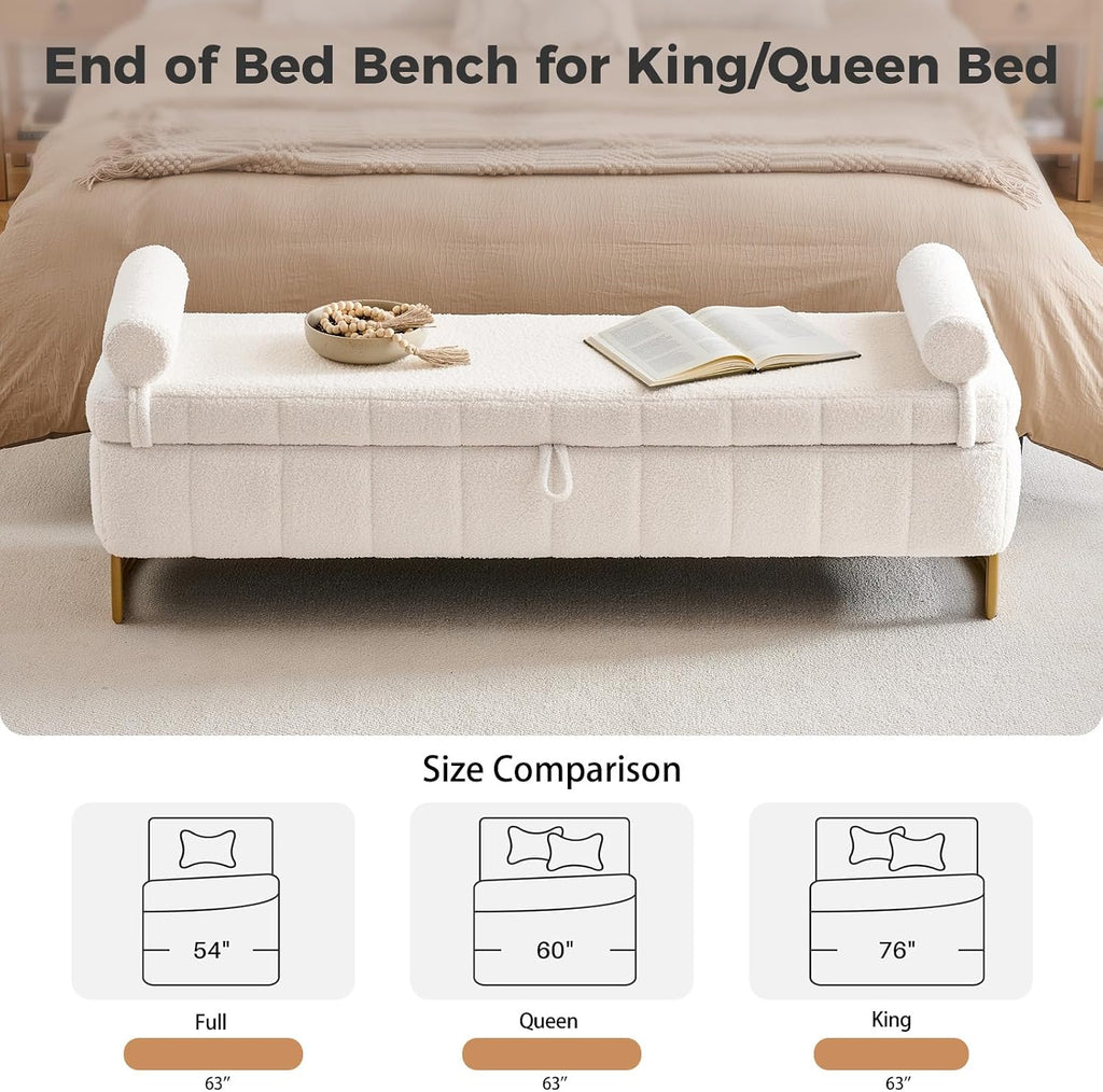 Storage Bench ,63" End of Bed Bench Foot of Bed King Cream White | Upholstered Storage Benches for Foot of Bed Modern