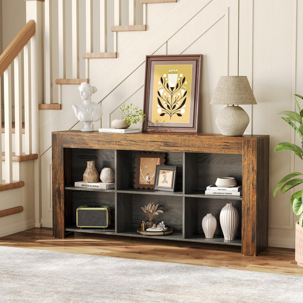 Console Table with Storage, 63-Inch Narrow Long Sofa Table, Entryway Table with 6 Cubes, Farmhouse Storage Shelves