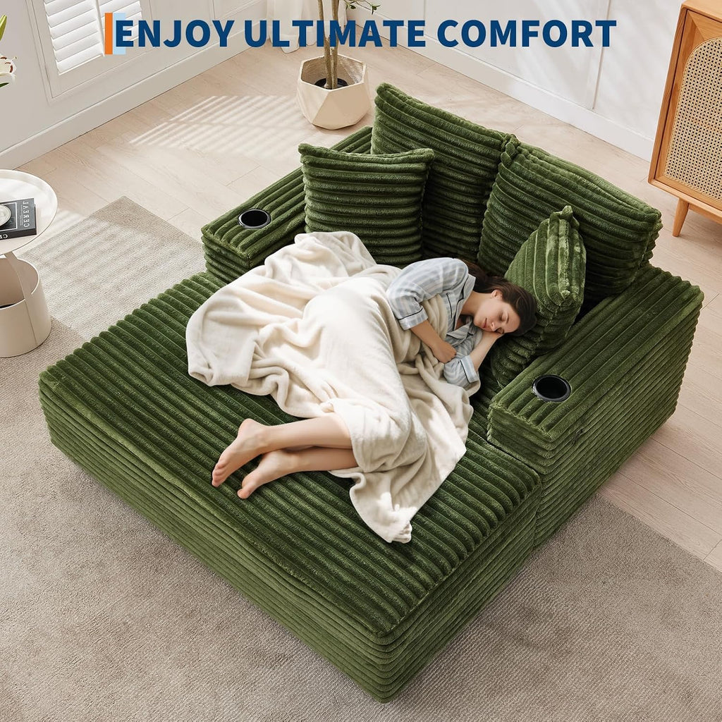 60" Oversized Chaise Lounge Chair Indoor, Comfy Corduroy Lounge Sofa with Charging Station, Upholstered Sofa Bed