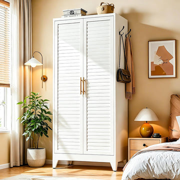 Metal Armoire Wardrobe Closet, 71" Clothing Storage Cabinets with Adjustable Hanging Rod, Louvered Doors, 2 Side