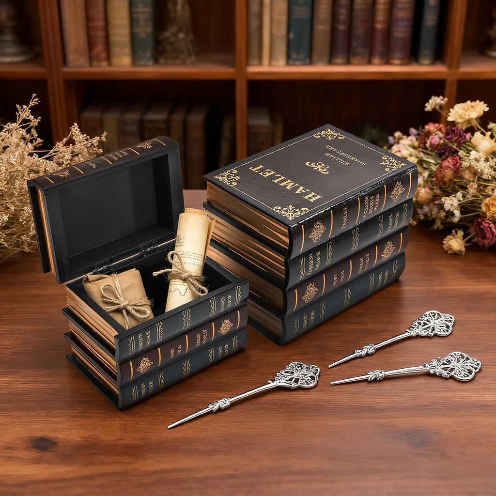2 Pack Decorative Book Boxes Wooden Antique Bookshelf Decorations Vintage Book Storage Box - Hamlet