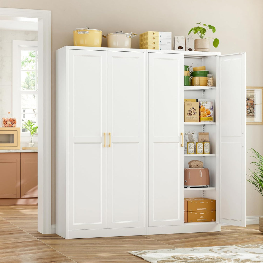 71"Tall Metal Kitchen Pantry Storage Cabinet with Doors& 4 Shelves | White Pantry Cabinet, Utility Kitchen Cupboard