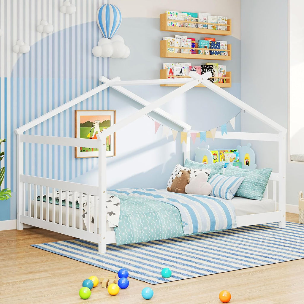 Full Size Floor Bed, Solid Wood Montessori House Bed with Roof, Headboard and Footboard, Low Full Bed Frame for Kids