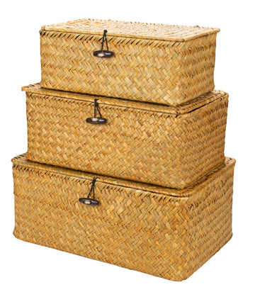 Boho Nesting Shelf Baskets with Lid, Set of 3 Household Organizer Bins, Compact Handwoven Seagrass Wicker Basket for