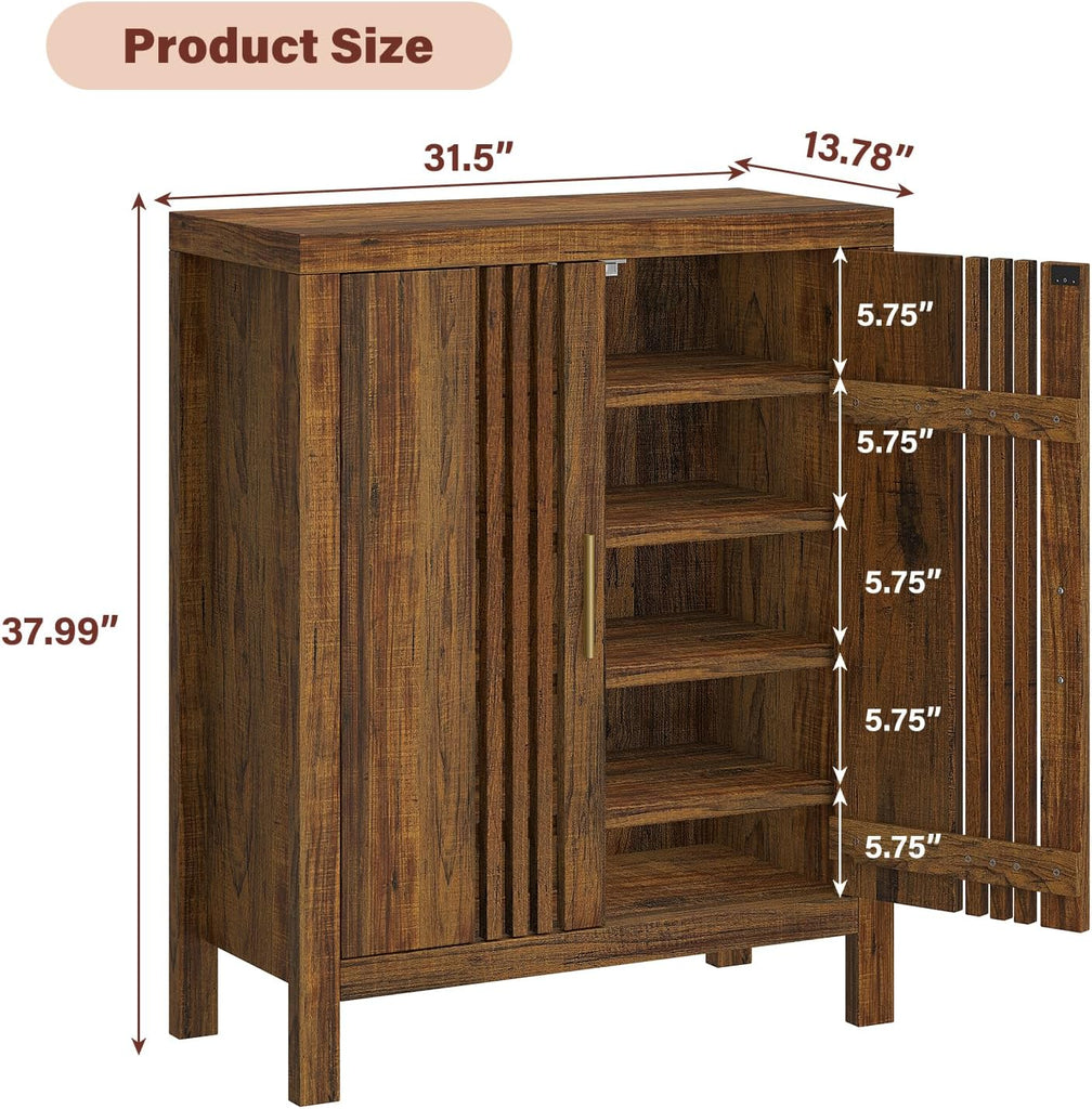 Shutter Doors 5-Tier Shoe Storage Cabinet with Adjustable Shelves, Wooden Entryway Cabinet Living Room, Freestanding