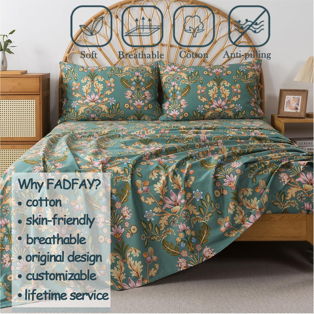 Full Sheet Set, Floral Sheets 4-Piece 100% Percale Cotton Bed Sheets Deep Pocket Fitted Sheet, Boho Vintage Teal Blue