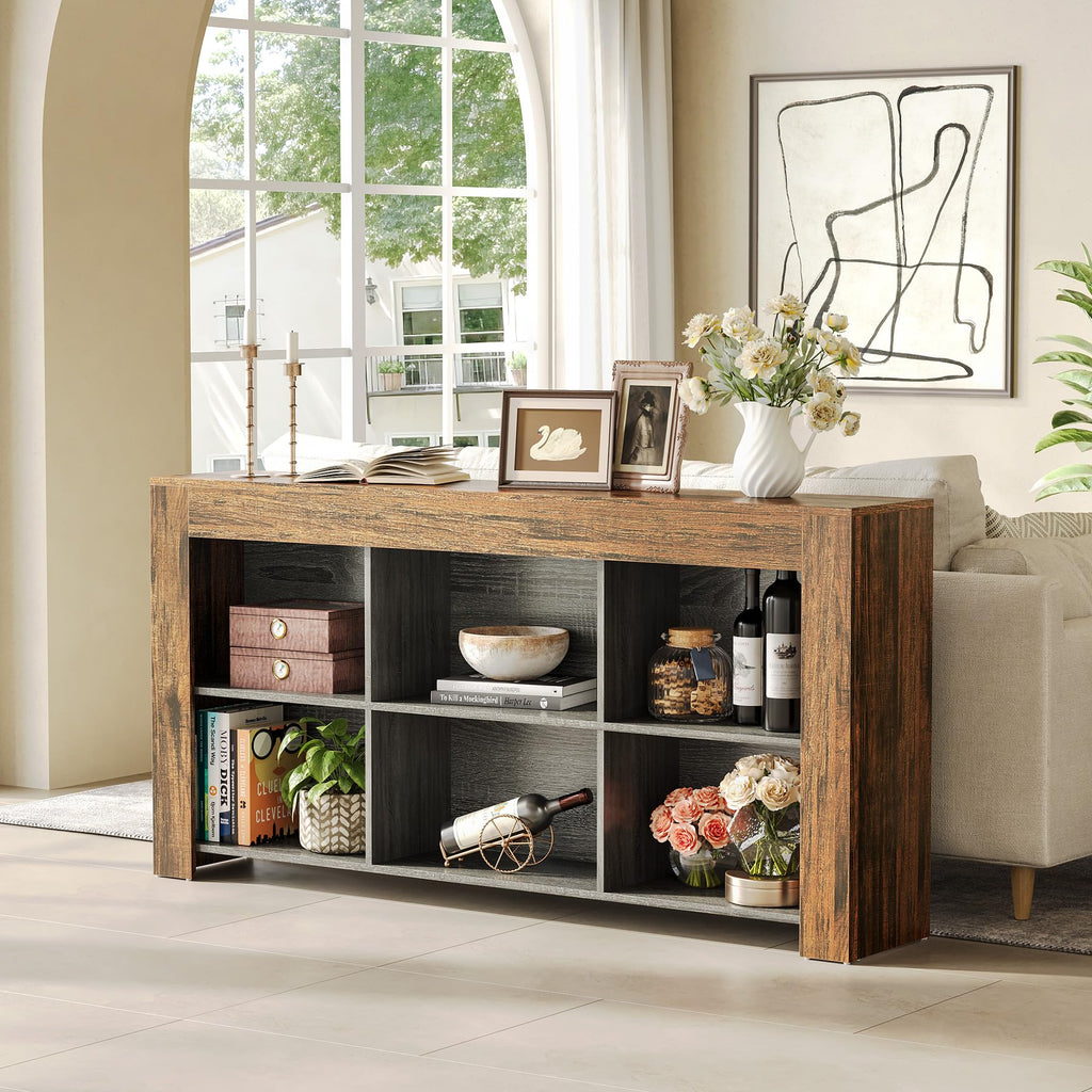 Console Table with Storage, 63-Inch Narrow Long Sofa Table, Entryway Table with 6 Cubes, Farmhouse Storage Shelves