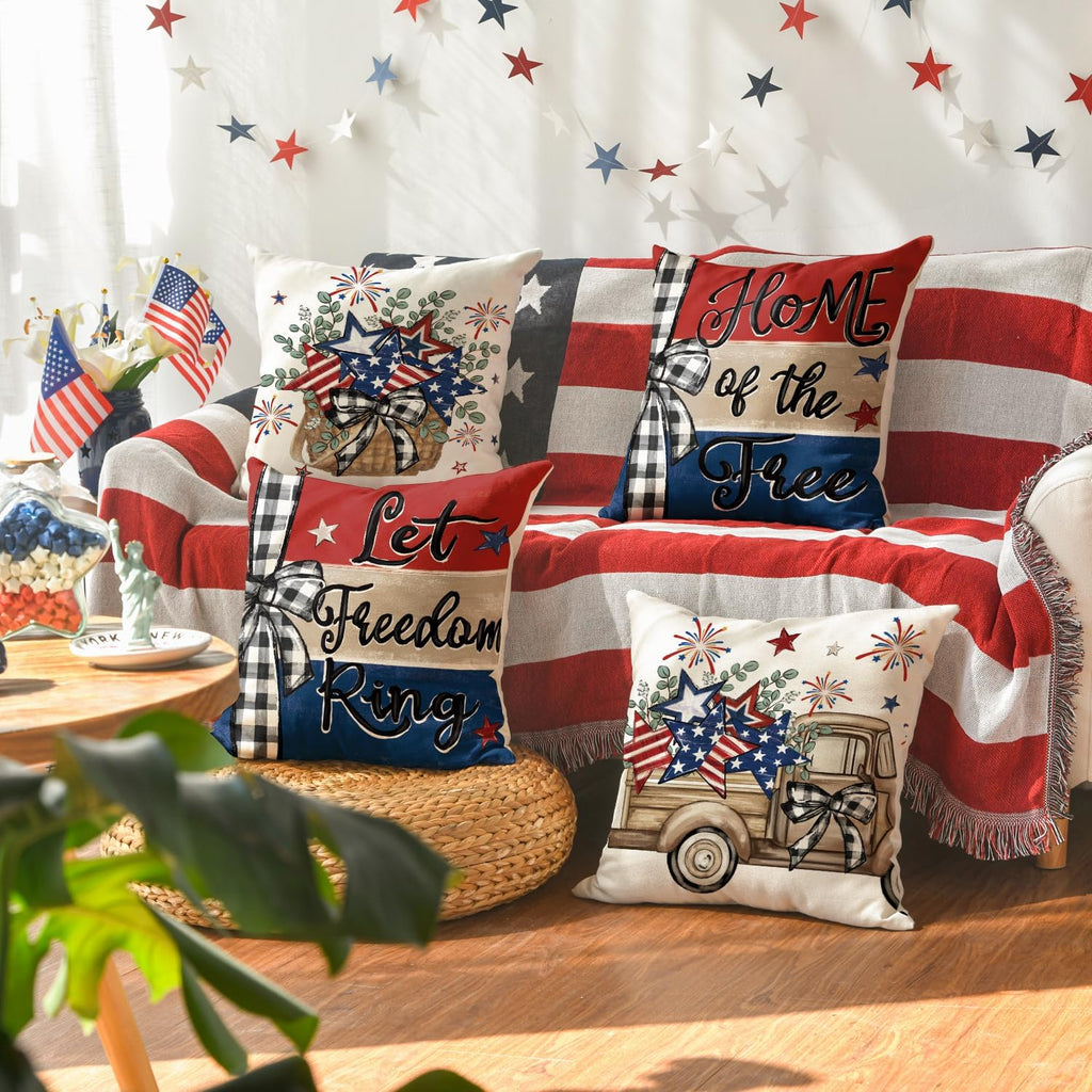 Let Freedom Free Eucalyptus Stars Fireworks Car Throw Pillow Covers, 18 x 18 Inch 4th of July Patriotic Independence