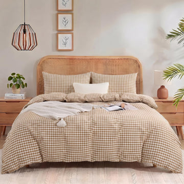 Tan Gingham Duvet Cover, 100% Washed Cotton Like Linen Feel Organic Natural Bedding Set 3 Piece Brown Vintage