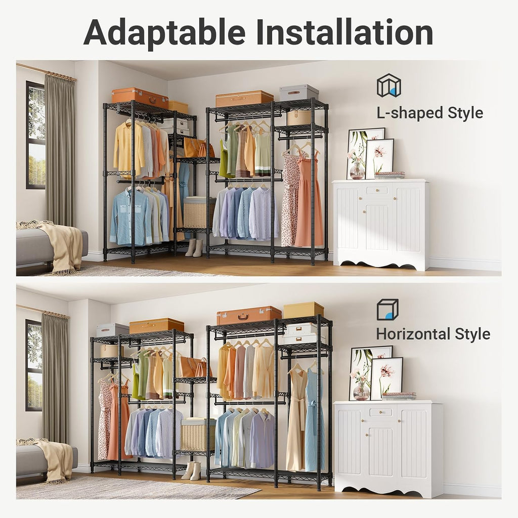 V2 Heavy Duty Clothes Rack, Portable Metal Closet System, Black | Freestanding Wardrobe with 4 Tiers Adjustable Wire